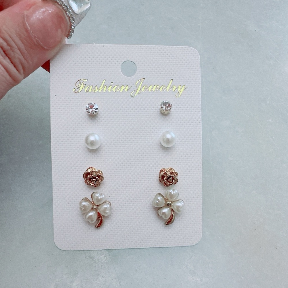 4 Pairs of Stud Earrings - Pearl, Crystal, and Floral Design/NEW